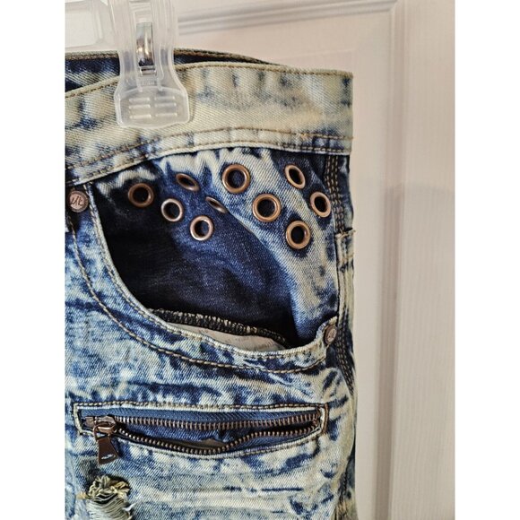 Makobi Jeans Moto Biker Blue Acid Wash Distressed Denim Mens 42x32 - Picture 6 of 12